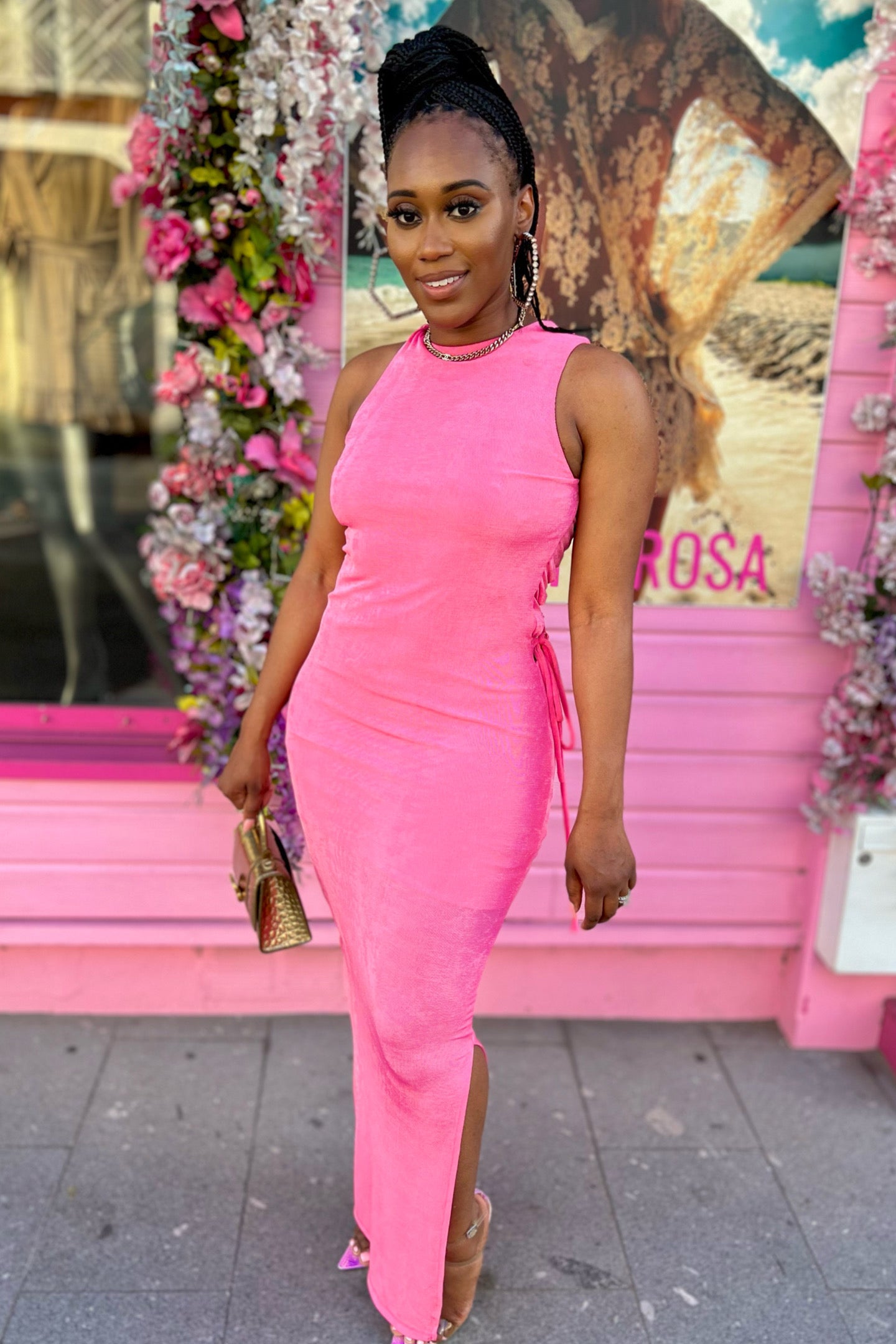 pink open back maxi dress Beverley Pink Mesh Maxi Dress - US 16